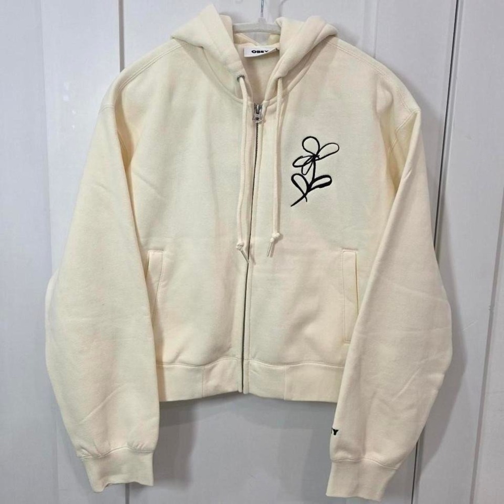 Obey Womens Flower Graphic Cropped Zip Up Hoodie Cream Off White Small
